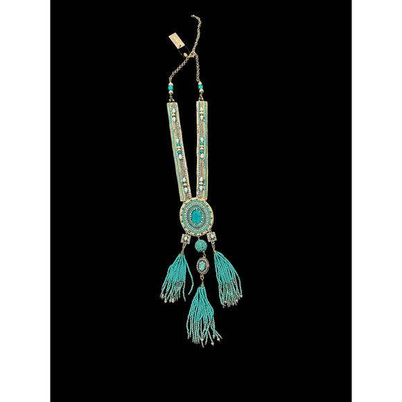 CHICO'S Boho Statement Necklace – Turquoise Fringe Tribal Beaded Medallion - Picture 4 of 13